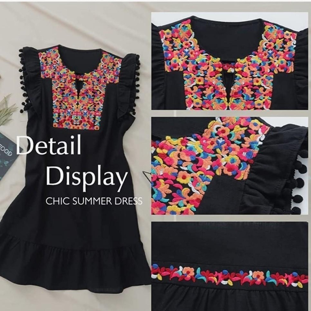 Women's Mini Dress Casual V Neck Floral Embroidery Ruffle Sleeveless KIRUNDO XL - Picture 3 of 10